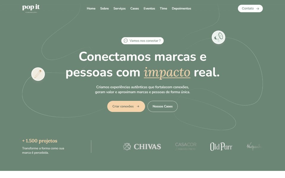 Primeira tela do site da Pop it Comunicação